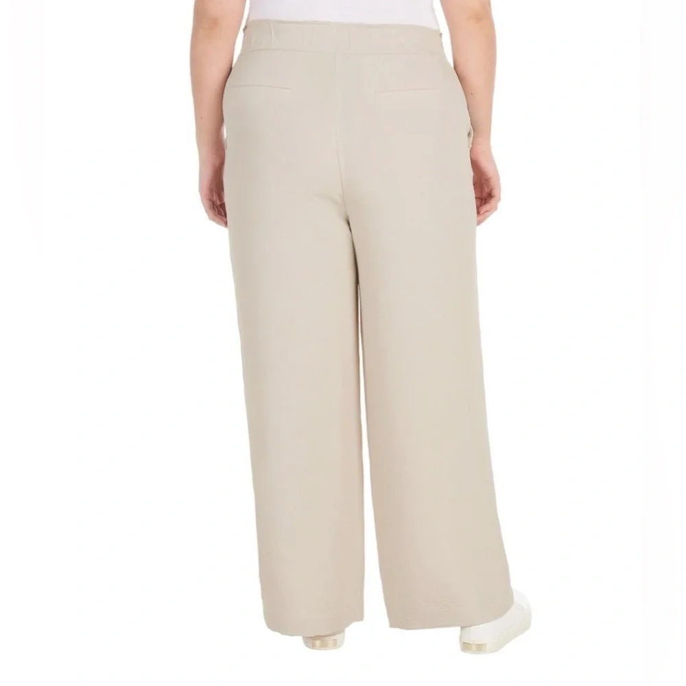 Hilary Radley Women's Wide Leg Crinkle Pants With Elasticwaistband ( Oatmeal, L)